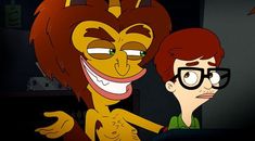 a cartoon character with glasses next to another character in front of a computer screen and an orange lion