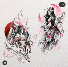 two drawings of women with tattoos on their bodies, one in red and the other in white