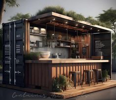 an outdoor bar made out of shipping containers with plants growing on the roof and shelves