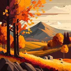 an autumn landscape with trees and mountains in the background