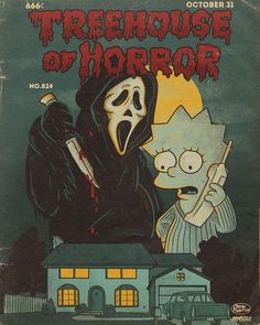 an old book cover with a cartoon character and a person holding a knife in front of a house