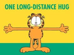 garfield the cat is standing in front of a yellow and green sign that says, one long - distance hug