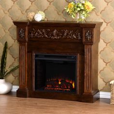 Dunkirk 44.5 in. W Carved Electric Fireplace in Espresso - Super Arbor Elegant Mantel, Glowing Embers, Interior Brick, Fluted Columns, Electric Fireplaces, Flat Panel Tv, Brick Design, Elements Of Design, Wood Display