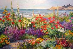 an oil painting of flowers by the ocean