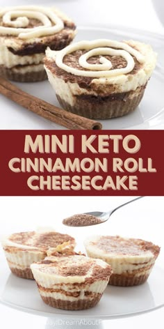 mini keto cinnamon roll cheesecakes on a plate