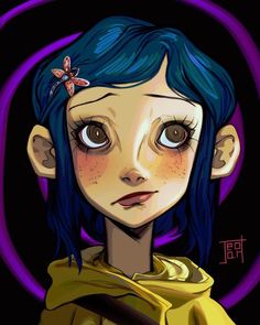 a digital painting of a girl with blue hair and butterfly on her head, looking at the camera