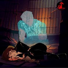 a person laying on the ground in front of a jail cell with neon lights behind them