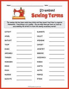 a red and white poster with the words scrambled sewing items