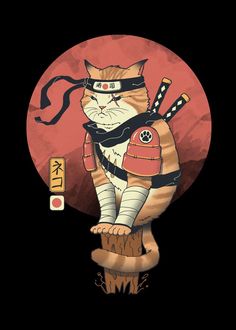 Japanese Art Prints, Japanese Artwork, Japanese Cat, Japon Illustration, Samurai Art, Cat Posters