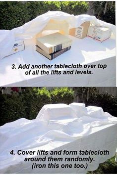 two pictures showing how to cover an outdoor table