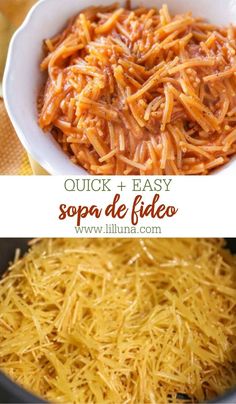 an image of pasta in a bowl with the words quick and easy sopa de fido