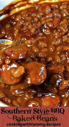 a bowl filled with baked beans and sausage