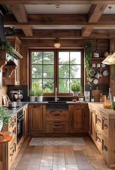 a kitchen with wooden cabinets and tile flooring next to a window that has potted plants on the windowsill