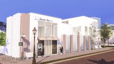 an artist's rendering of a white building on the corner of a city street