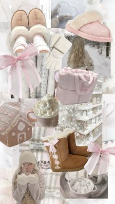 a collage of baby shoes, mittens and other items in pastel colors