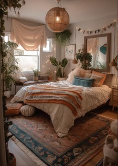 a bed room with a neatly made bed and lots of plants