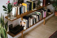 a bookshelf filled with lots of books on top of wooden shelves next to a potted plant