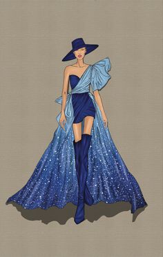 a drawing of a woman in a blue dress and hat with stars on the skirt