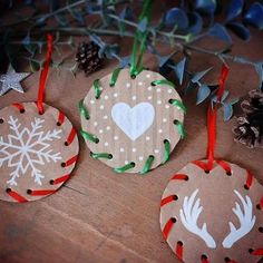 three christmas ornaments are sitting on a table