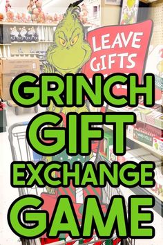 the grinch gift exchange game is on display in a store with text overlaying it