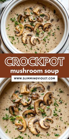 two bowls filled with mushroom soup and garnished with parsley on the side