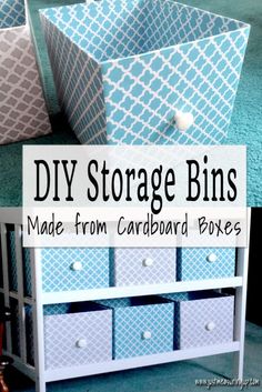 storage bins made from cardboard boxes with text overlay that reads diy storage bins made from cardboard boxes