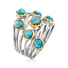 Ross-Simons - Turquoise Highway Ring in Silver, 18kt Gold Over Sterling. Size 8. A chic look for less! This sleek sterling silver highway ring boasts 4-5mm round stabilized turquoise cabochons in 18kt yellow gold over sterling silver bezel settings stationed along organic open-space rows. 3/4" wide. Turquoise highway ring. Morganite Diamond Ring, Morganite Diamond, Turquoise Ring Silver, Diamond Ring Settings, Jewelry Essentials, Sapphire Diamond Ring, Turquoise Rings, Blue Rings, Heart Pendant Necklace