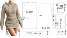 a women's dress with long sleeves and hoodie on the side, measurements chart