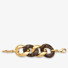 Large link chain bracelet. Clip closure. Made of gold-finish metal. Alternating nappa leather links printed with brown trompe-l'oeil effect FF motif. Made in Italy. One Size Bracelet Clip, Fendi Bracelet, Clutch Pouch, Boot Accessories, Women Essentials, Ski Wear, Nappa Leather, Link Chain, Belt Bag