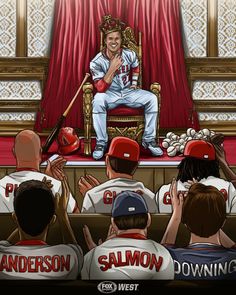 a drawing of a man sitting in a chair surrounded by baseball players and other people