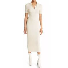 Figure-Skimming Ribbing Textures This Sporty Polo Dress Knit With A Stretch-Kissed Cotton Blend. This Soft Cream Dress Pairs Well Layered Up And Stands Out On Its Own. Cream Ribbed Knee-length Dress, Knee-length Ribbed Cream Dress, Neutral Ribbed Midi Length Dress, Neutral Ribbed Midi Dress, Fitted Off-white Casual Midi Dress, Casual Fitted Off-white Midi Dress, Casual Fitted Off White Midi Dress, Fitted Off White Casual Midi Dress, Fitted Midi Dress In Beige