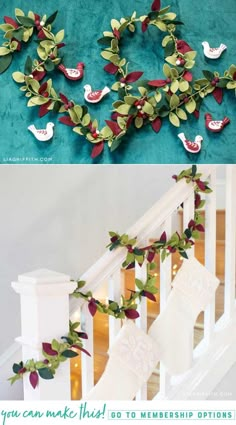 christmas garlands are hanging from the banister and decorated with green leaves, red berries, and white stockings