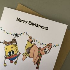 a merry christmas card featuring spongebob and patrick the nerd hanging on a string