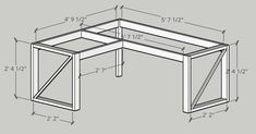 a drawing of a desk with measurements for the top and bottom section, including an angled corner