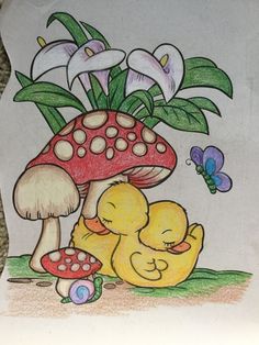 a drawing of a duckling hugging a mushroom with lilies and butterflies in the background