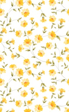 yellow flowers on a white background with green leaves and stems in the center, seamlessly