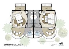 the floor plan for an apartment with two bathrooms and three separate rooms, which are connected to