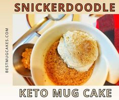 there is a small bowl with some kind of cake in it and the words, snickkerdoodlele keto mug cake