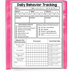 the daily behavior tracker is shown on a pink folder with black and white lines in it