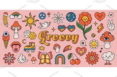 the word grooy is surrounded by doodles and other colorful objects on a pink background