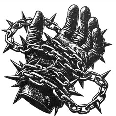 a black and white drawing of a hand chained to a chain with spiked nails on it