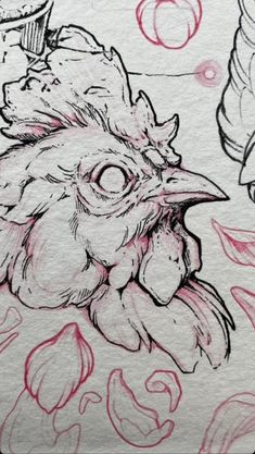 an ink drawing of a rooster with flowers on it's head and another bird in the background