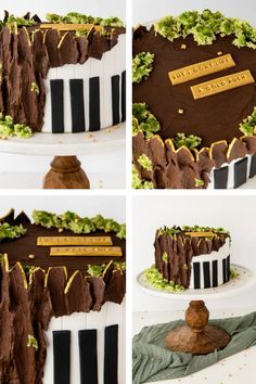 four different pictures of a cake with chocolate icing and green leaves on the top