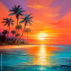 an oil painting of palm trees and the sun setting over the ocean on a tropical beach