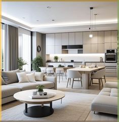 a living room filled with furniture next to a kitchen and dining area in the background