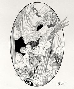 a black and white drawing of an angel surrounded by other angels in a circular frame