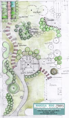 a drawing of a garden with lots of trees and plants in it, including the ground plan