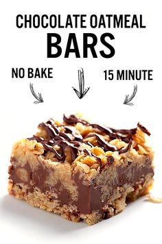 chocolate oatmeal bars are stacked on top of each other with the words, no bake 15 minute