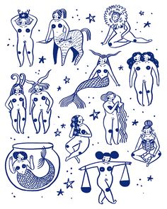 the zodiac signs are drawn in blue ink on white paper, with stars around them