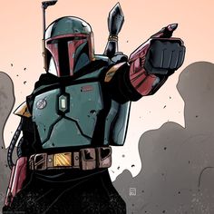 the boba fett is pointing at something with his right hand and wearing a helmet